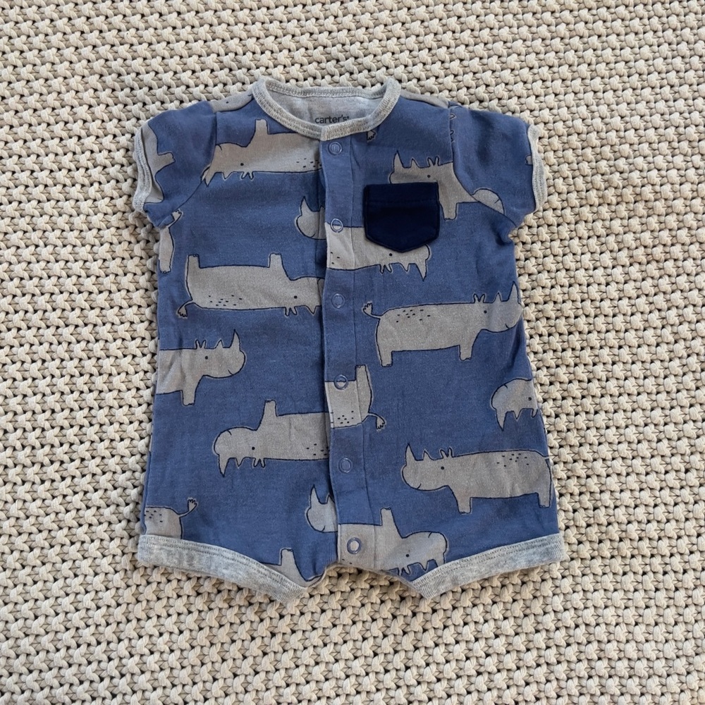 3 Month Carter's Blue Rhino Printed snap Front Cotton Shorts Romper